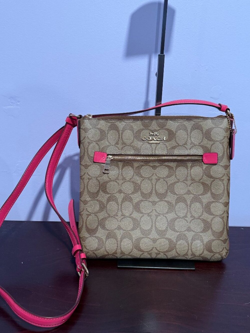 Coach Rowan Hot Pink & Signature Khaki File Bag Crossbody Purse (Style C1554)